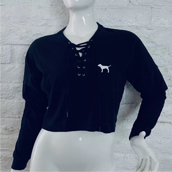 ❤️ LOVE PINK Victorias Secret Black Crop Cropped Hoodie Sweater Sweatshirt M - Picture 6 of 10